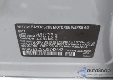 2018 BMW 740I from USA, damaged, VIN WBA7E2C5XJG742642